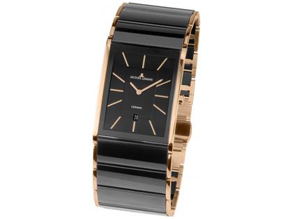 Herrenuhren Uhr mit Datum aus Edelstahl, IP beschichtet und Keramik. Das Gehäuse ist rechteckig und roségold. Das Edelstahlarmband ist schwarz. Das Zifferblatt ist ein Index in schwarz.