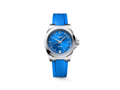 Longines Conquest Sylt Edition Automatik Edelstahl 34mm blaues Zifferblatt blaues Kautschukband limitiert – Damenuhren Uhr mit Datum aus Edelstahl und Kautschuk. Das Gehäuse ist rund und silber. Das Kautschuk / Kunststoff / Silikon Armband ist blau. Das Zifferblatt ist ein Index in blau.