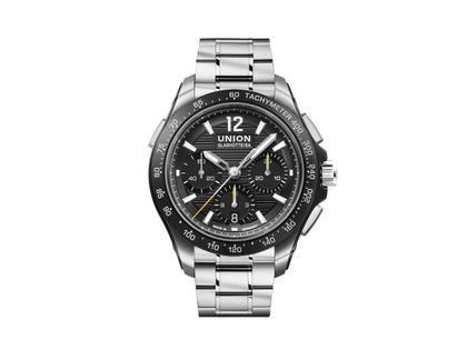 Union Glashütte Belisar Chronograph Sport Automatik Edelstahl Schwarz-DLC 43mm schwarzes Zifferblatt Metallband – Herrenuhren Chronograph aus DLC beschichtet und Edelstahl. Das Gehäuse ist rund und silber. Das Edelstahlarmband ist silber. Das Zifferblatt ist arabisch Index und schwarz. – Ansicht 2