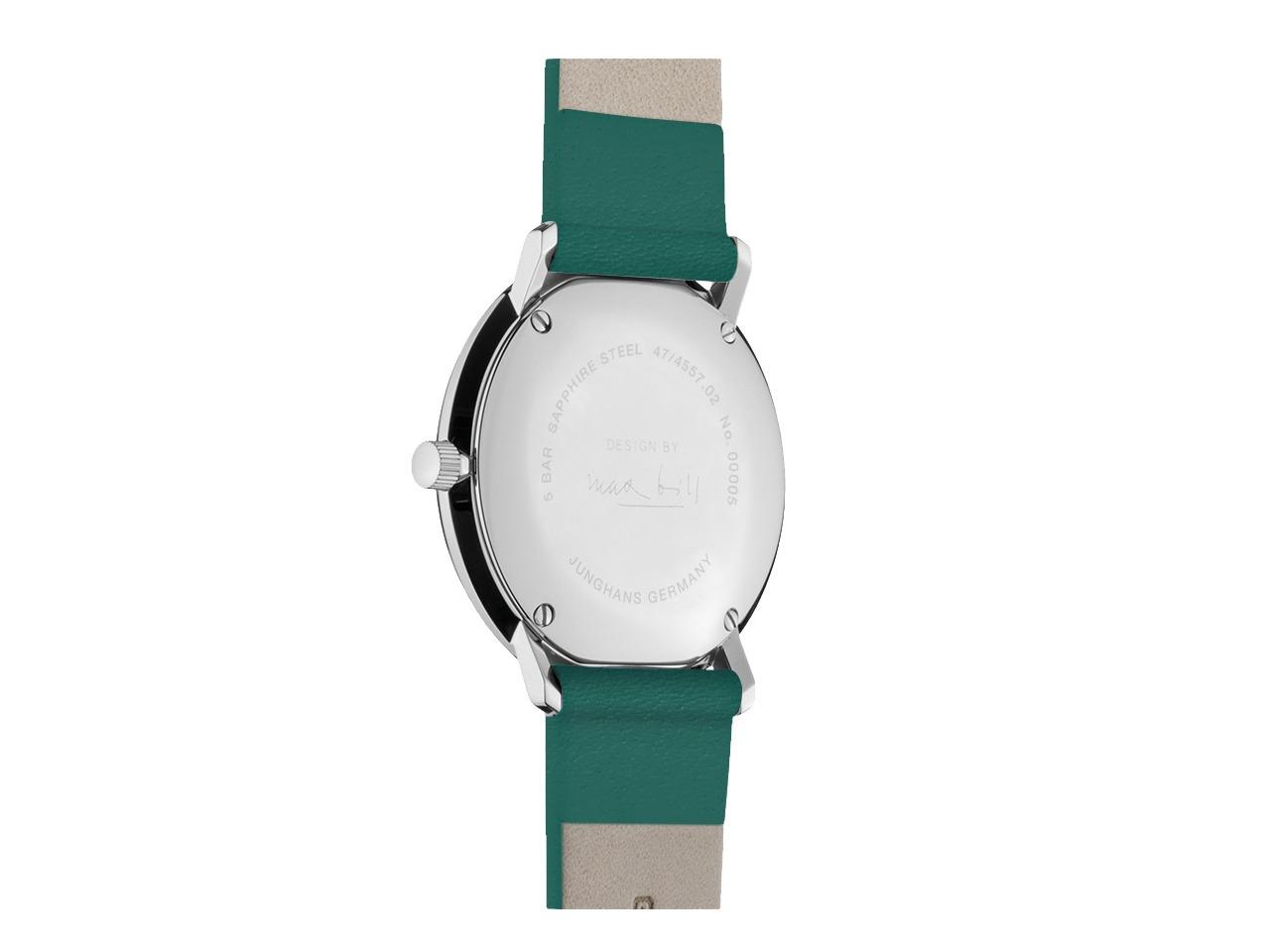 Junghans Max Bill Damen Quarz Edelstahl 32,7mm weißes Zifferblatt grünes Lederband – Damenuhren Uhr mit Datum aus Edelstahl. Das Gehäuse ist rund und silber. Das Lederarmband ist grün. Das Zifferblatt ist arabisch Index und weiß. – Ansicht 2
