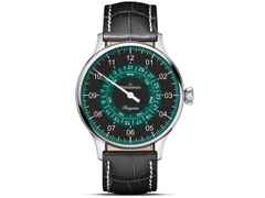 MeisterSinger Pangaea Day Date, 40mm Automatik schwarz petrol – Herrenuhren Uhr mit Datum aus Edelstahl. Das Gehäuse ist rund und silber. Das Lederarmband ist schwarz. Das Zifferblatt ist arabisch und grün.