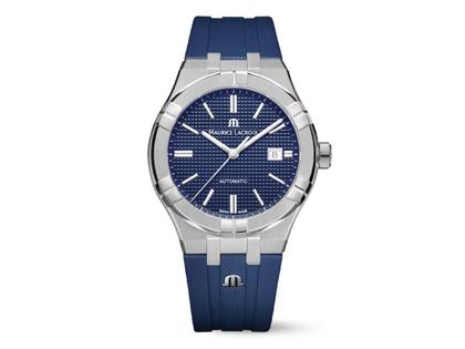 Herrenuhren Uhr mit Datum aus Edelstahl und Kautschuk. Das Gehäuse ist rund und silber. Das Kautschuk / Kunststoff / Silikon Armband ist blau. Das Zifferblatt ist ein Index in blau.