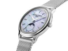 Frederique Constant Classics Moneta Moonphase Quarz Edelstahl 34mm blaues Perlmutt-Zifferblatt Metallband – Damenuhren Uhr ohne Datum aus Edelstahl. Das Gehäuse ist rund und silber. Das Edelstahlarmband ist silber. Das Zifferblatt ist ein Index in blau. – Ansicht 2