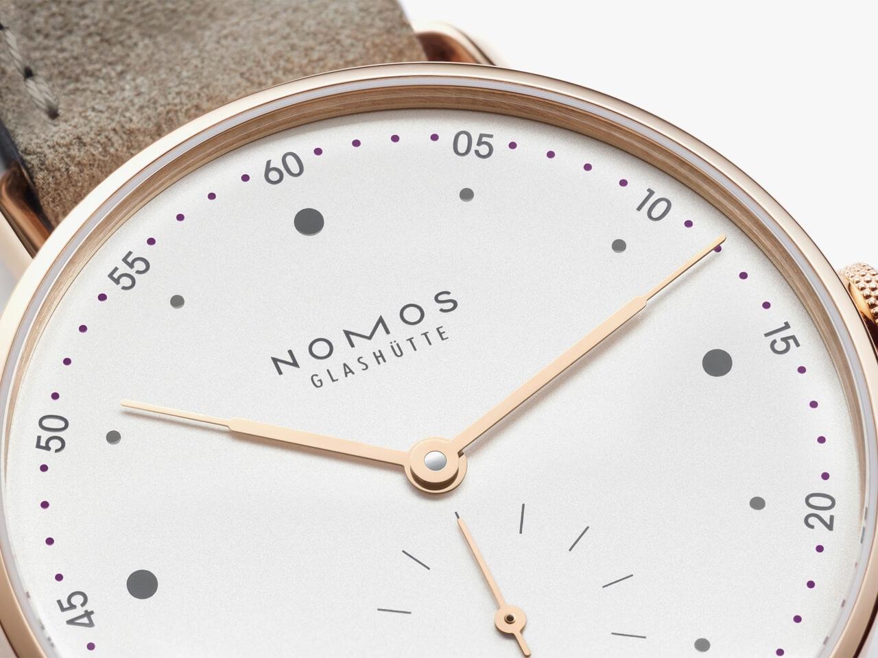 Nomos Glashütte Metro 33 Roségold Handaufzug Roségold 33mm weißes Zifferblatt beiges Lederband – Damenuhren Uhr ohne Datum aus 750 Rotgold. – Ansicht 2