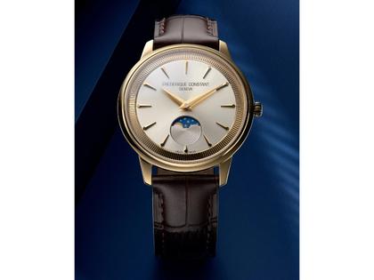 Frederique Constant Classics Moneta Moonphase Quarz Edelstahl Gelbgold-PVD 37mm weißes Zifferblatt schwarzes Lederband – Herrenuhren Uhr ohne Datum aus Edelstahl, Leder und PVD beschichtet. Das Gehäuse ist rund und gelbgold. Das Lederarmband Kroko / Alligator ist schwarz. Das Zifferblatt ist ein Index in weiß. – Ansicht 3