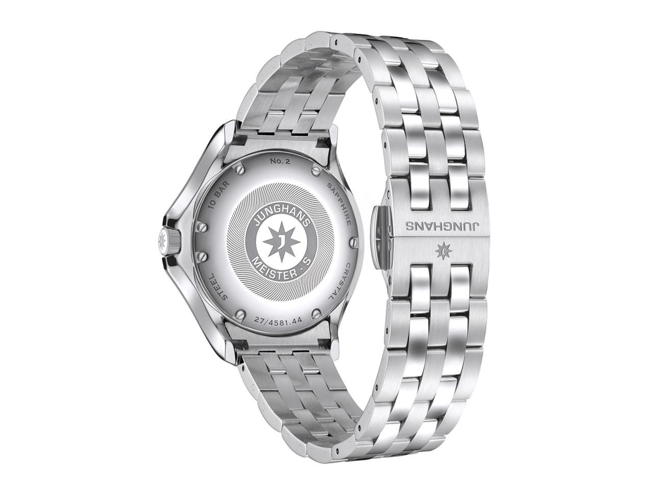 Junghans Meister S Automatic Edelstahl 36mm grünes Zifferblatt Metallband – Damenuhren Uhr mit Datum aus Edelstahl. Das Gehäuse ist rund und silber. Das Edelstahlarmband ist silber. Das Zifferblatt ist ein Index in grün. – Ansicht 2