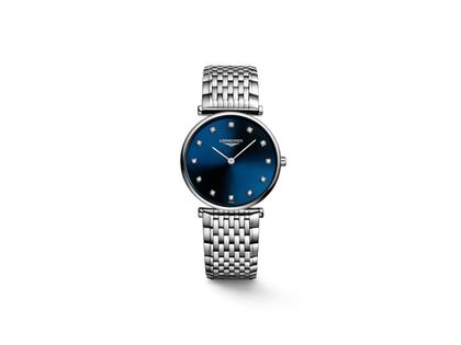 Longines La Grande Classique Quarz Edelstahl 29mm blaues Zifferblatt mit Diamanten Metallband – Damenuhren Uhr ohne Datum aus Edelstahl und PVD beschichtet. Das Gehäuse ist rund und silber. Das Edelstahlarmband ist silber. Das Zifferblatt ist ein Index in blau.