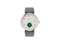Nomos Glashütte Tangente 38 Datum "175 Years Watchmaking - Go" Handaufzug Edelstahl cremeweißes Zifferblatt graues Textilband Glasboden – Herrenuhren Uhr mit Datum aus Edelstahl. Das Gehäuse ist rund und silber. Das Textilarmband ist grau. Das Zifferblatt ist arabisch Index und beige.