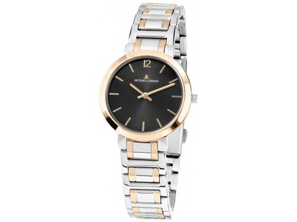 Jacques Lemans Quarz Milano    Index  IP gelb Edelstahl schwarz Edelstahlband – Damenuhren Uhr ohne Datum aus Edelstahl und IP beschichtet. Das Gehäuse ist rund und silber-gelbgold. Das vergoldetes Edelstahlarmband ist silber-gelbgold. Das Zifferblatt ist arabisch Index und schwarz.