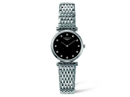 Longines La Grande Classique Damenuhr XS schwarz Diamanten Metallband – Damenuhren Uhr ohne Datum aus Edelstahl. Das Armband ist ein Edelstahlarmband. Der Zifferblatt ist ein Index.