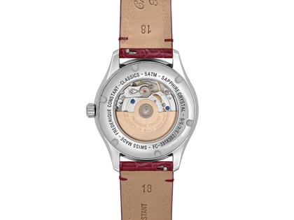 Frederique Constant Classics Elegance Luna Automatik Edelstahl 36mm weißes Zifferblatt pinkes Lederband – Damenuhren Uhr ohne Datum aus Edelstahl und Leder. Das Gehäuse ist rund und silber. Das Lederarmband ist rot. Das Zifferblatt ist römisch und weiß. – Ansicht 2
