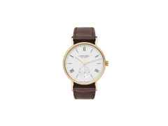 Nomos Glashütte Ludwig 33 Gold Handaufzug Gelbgold weißes Zifferblatt braunes Lederband – Damenuhren Uhr ohne Datum aus 750 Rotgold. Das Gehäuse ist rund und roségold. Das Lederarmband ist braun. Das Zifferblatt ist römisch Index und weiß.