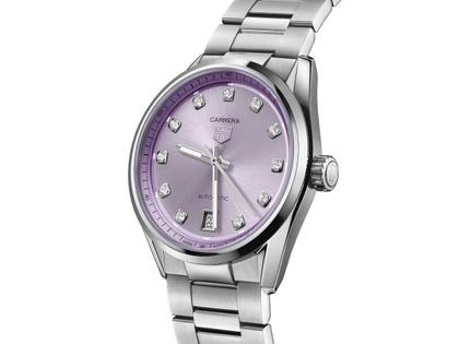 TAG Heuer Carrera Date Automatik Edelstahl 36mm fliederfarbenes Zifferblatt mit Brillanten Metallband – Damenuhren Uhr mit Datum aus Edelstahl. Das Gehäuse ist rund und silber. Das Edelstahlarmband ist silber. Das Zifferblatt ist ein Index in lila. – Ansicht 2