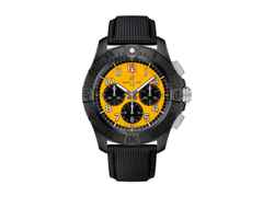 Breitling Avenger B01 Chronograph 44 Night Mission Automatik Keramik gelbes Zifferblatt schwarzes Lederband – Herrenuhren Chronograph aus Keramik, Leder und Titan. Das Gehäuse ist rund und schwarz. Das Lederarmband ist schwarz. Das Zifferblatt ist ein Index in gelb.