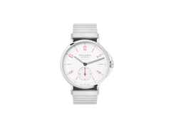 Nomos Glashütte Ahoi neomatik Signalweiß Automatik Edelstahl 36mm weißes Zifferblatt Metallband – Damenuhren Uhr ohne Datum aus Edelstahl. Das Gehäuse ist rund und silber. Das Edelstahlarmband ist silber. Das Zifferblatt ist arabisch Index und weiß.