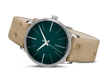 Junghans Meister Damen Automatic Edelstahl 33mm grünes Zifferblatt mit Diamant-Lünette braunes Lederband – Damenuhren Uhr ohne Datum aus Edelstahl. Das Gehäuse ist rund und silber. Das Lederarmband ist braun. Das Zifferblatt ist ein Index in grün. – Ansicht 2