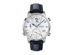 Glashütte Original Senator Cosmopolite Automatik Edelstahl 44mm weißes Zifferblatt blaues Lederband
