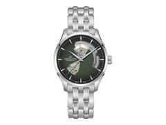 Hamilton Jazzmaster Open Heart Automatik Edelstahl 40mm grünes Zifferblatt Metallband – Herrenuhren Uhr ohne Datum aus Edelstahl. Das Gehäuse ist rund und silber. Das Edelstahlarmband ist silber. Das Zifferblatt ist ein Index in grün.