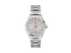 TAG Heuer Carrera Date Automatik Edelstahl 36mm graues Hammerschlag-Zifferblatt mit Brillanten Metallband – Damenuhren Uhr mit Datum aus Edelstahl. Das Gehäuse ist rund und silber. Das Edelstahlarmband ist silber. Das Zifferblatt ist ein Index in grau.