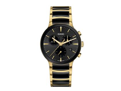 Rado Centrix Chronograph Quarz Edelstahl GG-PVD 41mm schwarzes Zifferblatt schwarzes Keramikband – Herrenuhren Chronograph aus Edelstahl und Keramik. Das Gehäuse ist rund und silber. Das Keramikarmband ist schwarz. Das Zifferblatt ist ein Index in schwarz.