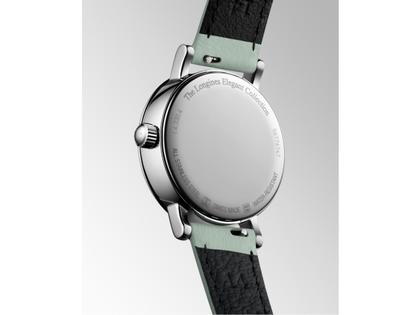 Longines Elegant Collection Quarz Edelstahl 30mm weißes Zifferblatt grünes Lederband – Damenuhren Uhr mit Datum aus Edelstahl und Leder. Das Gehäuse ist rund und silber. Das Lederarmband ist grün. Das Zifferblatt ist römisch und weiß. – Ansicht 3