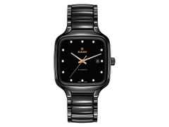 Rado True Square Automatik Keramik anthrazit Keramikband mit Brillanten – Herrenuhren Uhr mit Datum aus Keramik. Das Gehäuse ist quadratisch und grau. Das Keramikarmband ist grau. Das Zifferblatt ist ein Index in schwarz.