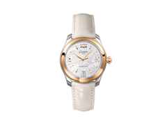 Glashütte Original Lady Serenade Automatik Edelstahl 36mm Perlmutt-Zifferblatt beiges Lederband – Damenuhren Uhr mit Datum aus 750 Rotgold und Edelstahl. Das Gehäuse ist rund und silber-roségold. Das Lederarmband Kroko / Alligator ist weiß. Das Zifferblatt ist römisch Index und weiß.