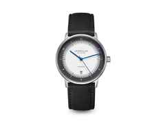 Sternglas Naos Automatik Edition 60 Edelstahl 38mm graues Zifferblatt schwarzes Lederband – Herrenuhren Uhr mit Datum aus Edelstahl. Das Gehäuse ist rund und silber. Das Lederarmband ist schwarz. Das Zifferblatt ist arabisch Index und grau.