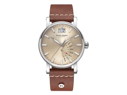 Bruno Söhnle Glashütte Pesaro I Quarz Edelstahl 43mm beiges Zifferblatt braunes Lederband – Herrenuhren Uhr mit Datum aus Edelstahl. Das Gehäuse ist rund und silber. Das Lederarmband ist braun. Das Zifferblatt ist ein Index in beige.