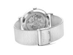 Nomos Glashütte Tangente 39 neomatik für Ärzte ohne Grenzen Automatik Edelstahl 39mm weißes Zifferblatt Metallband – Damenuhren Uhr ohne Datum aus Edelstahl. Das Gehäuse ist rund und silber. Das Edelstahlarmband ist schwarz. Das Zifferblatt ist arabisch Index und silber. – Ansicht 3