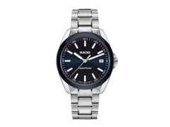 Rado HyperChrome Quarz Edelstahl 41,5mm blaues Zifferblatt Metallband – Herrenuhren Uhr mit Datum aus Edelstahl und Keramik. Das Gehäuse ist rund und silber. Das Edelstahlarmband ist silber. Das Zifferblatt ist ein Index in blau.