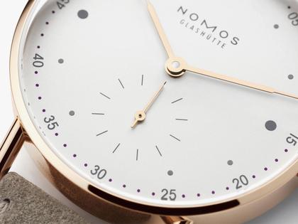 Nomos Glashütte Metro 33 Roségold Handaufzug Roségold 33mm weißes Zifferblatt beiges Lederband – Damenuhren Uhr ohne Datum aus 750 Rotgold. – Ansicht 6