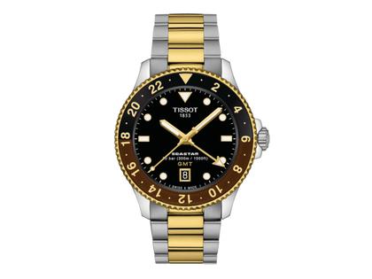 Tissot Seastar 1000 Quarz GMT Edelstahl PVD-Gelbgold 40mm schwarzes Zifferblatt bicolor Metallband – Herrenuhren Uhr mit Datum aus Edelstahl und vergoldet. Das Gehäuse ist rund und silber. Das vergoldetes Edelstahlarmband ist silber-gelbgold. Das Zifferblatt ist ein Index in schwarz.
