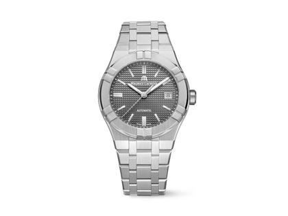 Maurice Lacroix Aikon Automatik Edelstahl 39mm graues Zifferblatt Metallband – Herrenuhren Uhr mit Datum aus Edelstahl. Das Gehäuse ist rund und silber. Das Edelstahlarmband ist silber. Das Zifferblatt ist ein Index in grau.