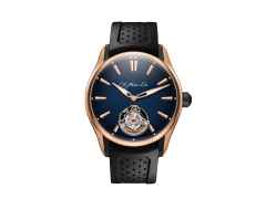 H. Moser & Cie. Pioneer Tourbillon Fumé Mitternachtsblau Limited Edition Automatik Rotgold und Titan DLC-Schwarz 42,8mm blaues Zifferblatt schwarzes Kautschukband – Herrenuhren Uhr ohne Datum aus 750 Rotgold, DLC beschichtet und Titan. Das Gehäuse ist rund und roségold. Das Kautschuk / Kunststoff / Silikon Armband ist schwarz. Das Zifferblatt ist ein Index in blau.