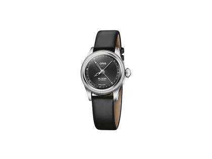 Oris Big Crown Pointer Date Automatik Edelstahl 29mm schwarzes Zifferblatt schwarzes Lederband – Damenuhren Uhr mit Datum aus Edelstahl. Das Gehäuse ist rund und silber. Das Lederarmband ist schwarz. Das Zifferblatt ist ohne Zeichen und schwarz.