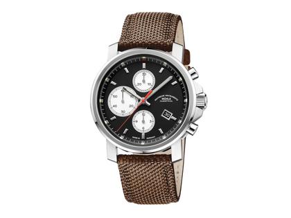 Mühle Glashütte 29er Chronograph Automatik Edelstahl 42,4mm schwarzes Zifferblatt braunes Canvasband – Herrenuhren Chronograph aus Edelstahl. Das Gehäuse ist rund und silber. Das Textilarmband ist braun. Das Zifferblatt ist ein Index in schwarz.