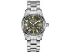 Hamilton Khaki Field Automatik Edelstahl 42mm grünes Zifferblatt Metallband – Herrenuhren Uhr ohne Datum aus Edelstahl. Das Gehäuse ist rund und silber. Das Edelstahlarmband ist silber. Das Zifferblatt ist arabisch und grün.