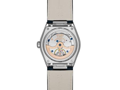 Frederique Constant Highlife Moonphase Date Manufacture Automatik Edelstahl 39mm blaues Zifferblatt Metallband und blaues Lederband – Herrenuhren Uhr mit Datum aus Edelstahl und Leder. Das Gehäuse ist rund und silber. Das Edelstahlarmband ist silber. Das Zifferblatt ist ein Index in blau. – Ansicht 6