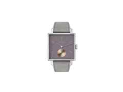 Nomos Glashütte Tetra Die Fuchsteufelswilde Handaufzug Edelstahl 29mm violettes Zifferblatt graues Veloursband Glasboden – Damenuhren Uhr ohne Datum aus Edelstahl und Leder. Das Gehäuse ist quadratisch und silber. Das Lederarmband ist grau. Das Zifferblatt ist arabisch Index und lila.