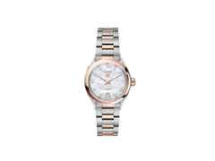 TAG Heuer Carrera Date Automatik Edelstahl 29mm weißes Perlmutt-Zifferblatt zweifarbiges Metallband – Damenuhren Uhr mit Datum aus 750 Rotgold und Edelstahl. Das Gehäuse ist rund und silber-roségold. Das Edelstahlarmband mit Gold ist silber-roségold. Das Zifferblatt ist ein Index in weiß.