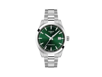 Tissot Gentleman Automatik Edelstahl 38mm grünes Zifferblatt Metallband – Herrenuhren Uhr mit Datum aus Edelstahl. Das Gehäuse ist rund und silber. Das Edelstahlarmband ist silber. Das Zifferblatt ist ein Index in schwarz.