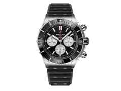 Breitling Super Chronomat B01 44 Edelstahl schwarzes Zifferblatt schwarzes Kautschukband – Herrenuhren Chronograph aus Edelstahl. Das Gehäuse ist rund und silber. Das Kautschuk / Kunststoff / Silikon Armband ist schwarz. Das Zifferblatt ist ein Index in schwarz.