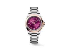 Longines Conquest Automatik Edelstahl 34mm magentafarbenes Zifferblatt Metallband – Damenuhren Uhr mit Datum aus 750 Rotgold und Edelstahl. Das Gehäuse ist rund und silber. Das Edelstahlarmband ist silber. Das Zifferblatt ist ein Index in pink.