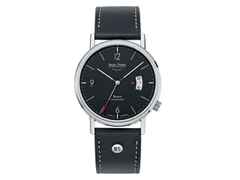 Bruno Söhnle Glashütte Rondo Herrenuhr   Automatik Edelstahl schwarzes Zifferblatt schwarzes Lederband – Herrenuhren Uhr mit Datum aus Edelstahl. Das Gehäuse ist rund und silber. Das Lederarmband ist schwarz. Das Zifferblatt ist arabisch Index und schwarz.