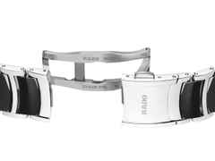 Rado Centrix Diamonds Quarz Edelstahl 35mm schwarzes Zifferblatt mit Brillanten Metallband limitiert – Damenuhren Uhr mit Datum aus Edelstahl und Keramik. Das Gehäuse ist rund und silber. Das Edelstahlarmband ist silber. Das Zifferblatt ist ohne Zeichen und schwarz. – Ansicht 5
