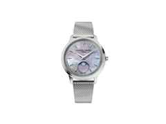 Frederique Constant Classics Moneta Moonphase Quarz Edelstahl 34mm blaues Perlmutt-Zifferblatt Metallband – Damenuhren Uhr ohne Datum aus Edelstahl. Das Gehäuse ist rund und silber. Das Edelstahlarmband ist silber. Das Zifferblatt ist ein Index in blau.