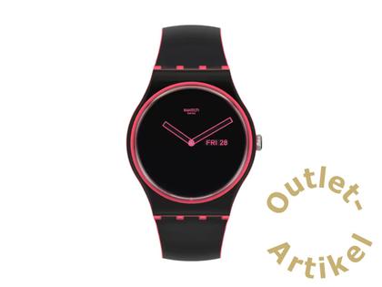 Swatch "Minimal Line Pink" Quarz Kunststoff 41mm schwarzes Zifferblatt schwarzes Silikonband – Herrenuhren Uhr mit Datum aus Kunststoff. Das Gehäuse ist rund und schwarz. Das Kautschuk / Kunststoff / Silikon Armband ist schwarz. Das Zifferblatt ist ohne Zeichen und weiß.