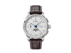 Union Glashütte Belisar Chronograph Mondphase Automatik Edelstahl 42mm weißes Zifferblatt braunes Lederband – Herrenuhren Chronograph aus Edelstahl. Das Gehäuse ist rund und silber. Das Lederarmband ist braun. Das Zifferblatt ist arabisch Index und weiß.
