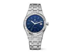 Maurice Lacroix Aikon Quartz Edelstahl 40mm blaues Zifferblatt Metallband – Herrenuhren Uhr mit Datum aus Edelstahl, PVD beschichtet und vergoldet. Das Gehäuse ist rund und silber. Das Edelstahlarmband ist silber. Das Zifferblatt ist ein Index in blau.